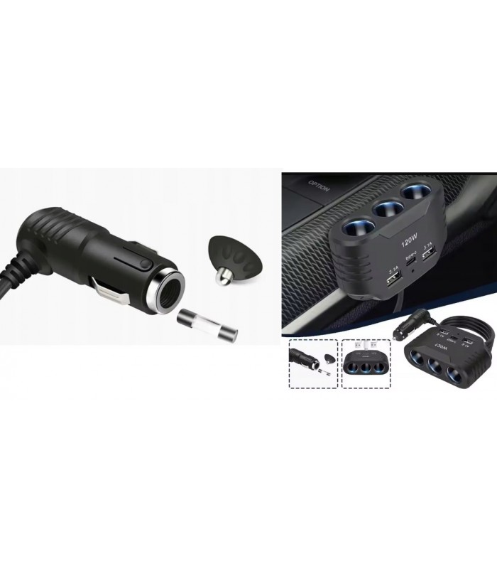 Ładowarka 120W USB-C Rozdzielacz 3x zapalniczki 12V 24V QC USB